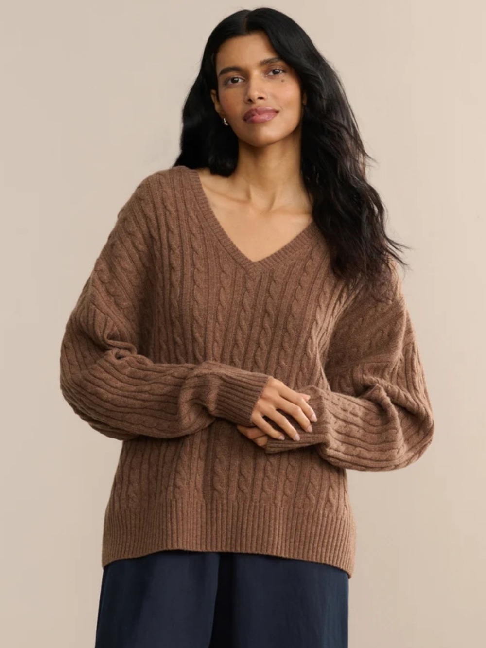 Jenni Kayne Nell V Neck Sweater Size XS Cable Knit Coffee Brown Wool Cashmere